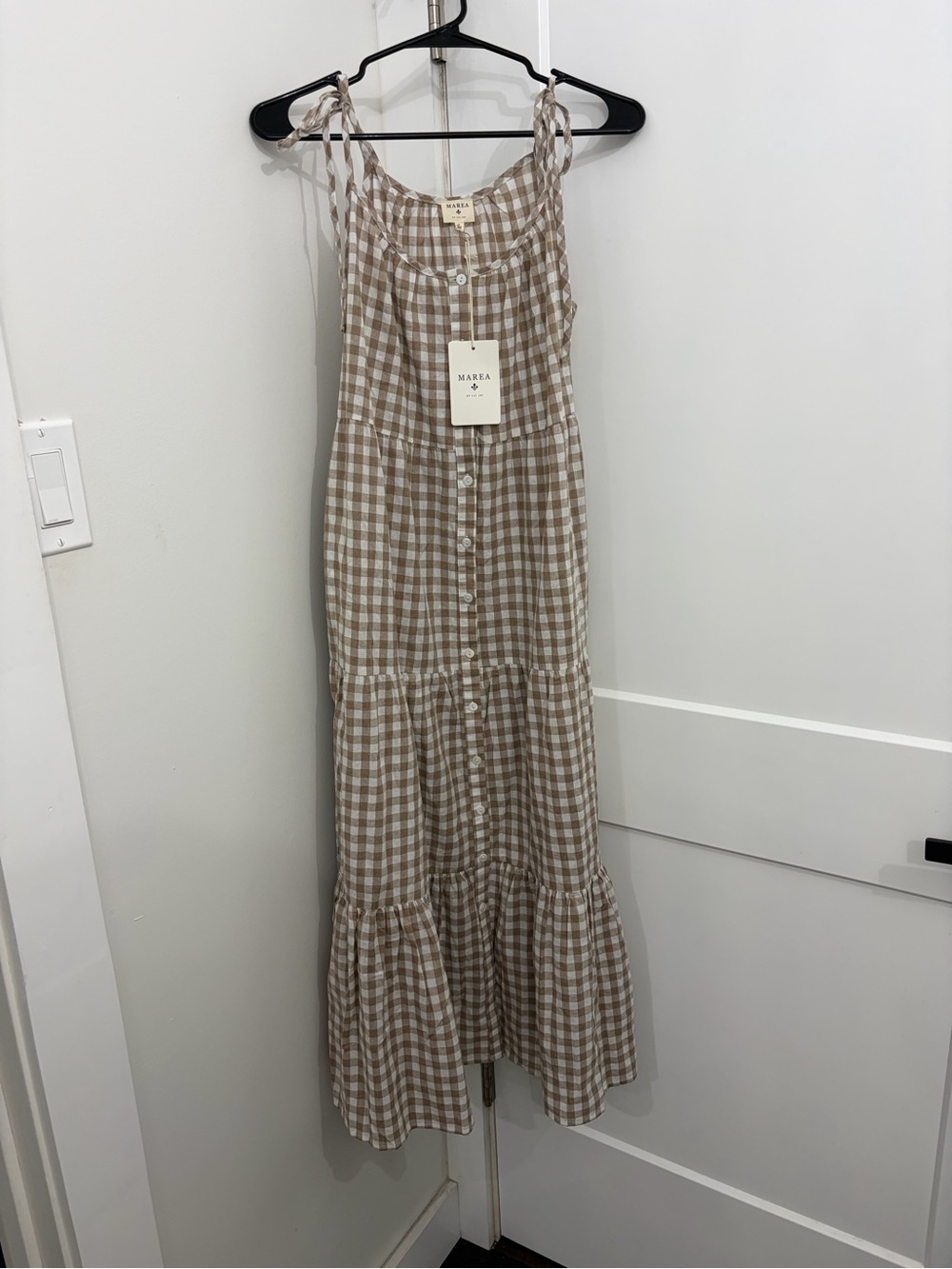 Marea Beige Gingham Maxi Dress with Tie Straps